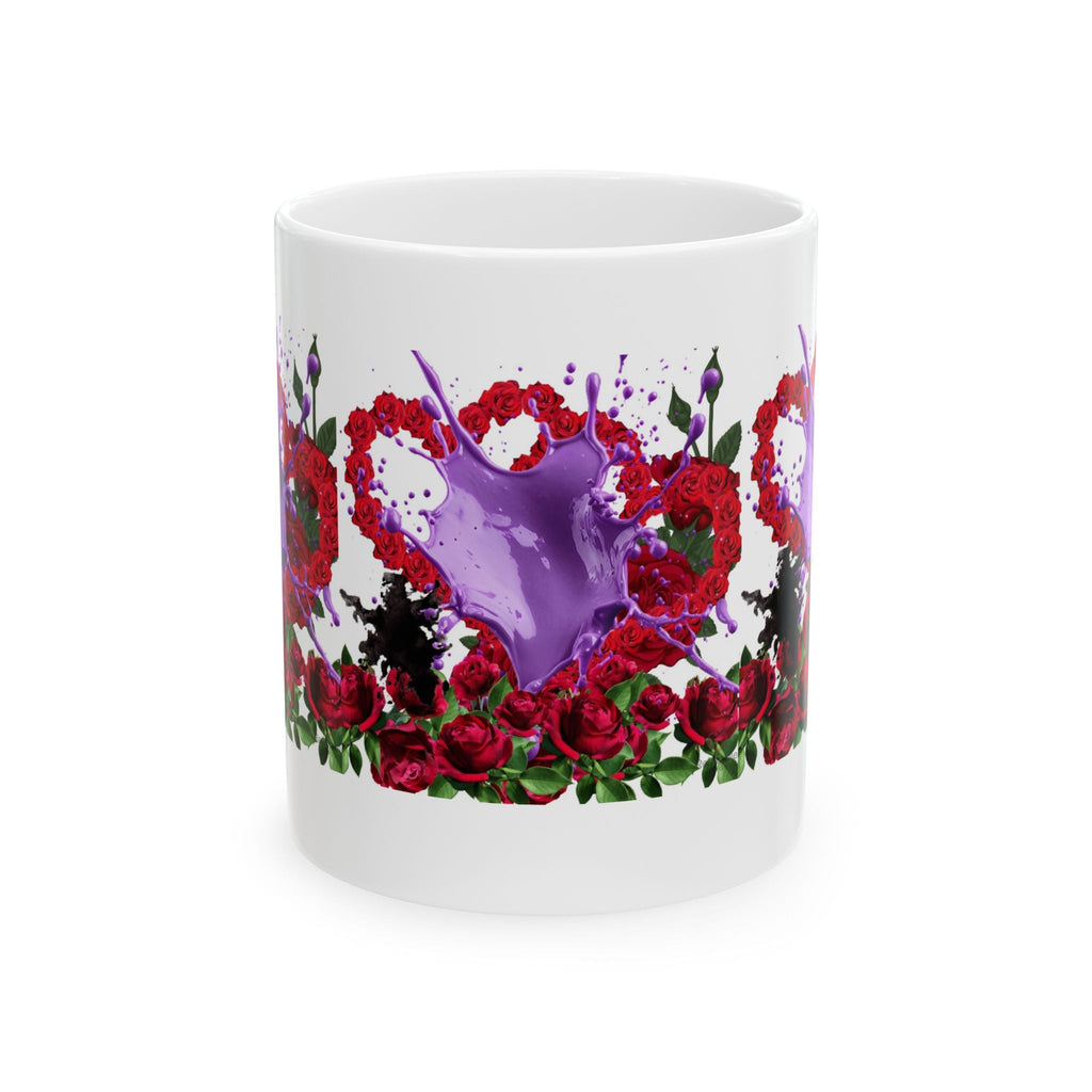 Front view white mug with red floral design and purple paint splashes on a white background