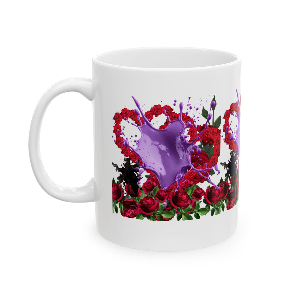 Left view - White mug with a design of red roses and a purple heart on a white background