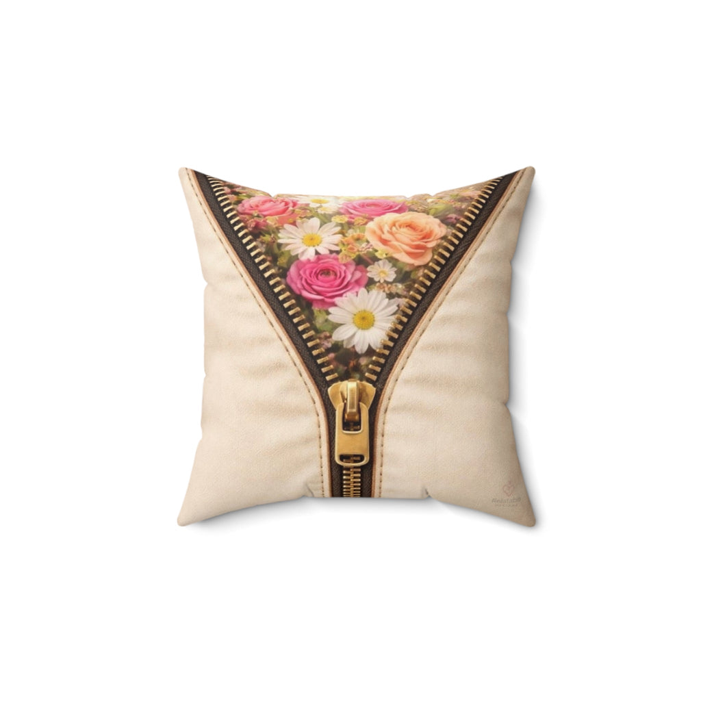 Decorative beige faux suede pillow with floral zipper design on a white background