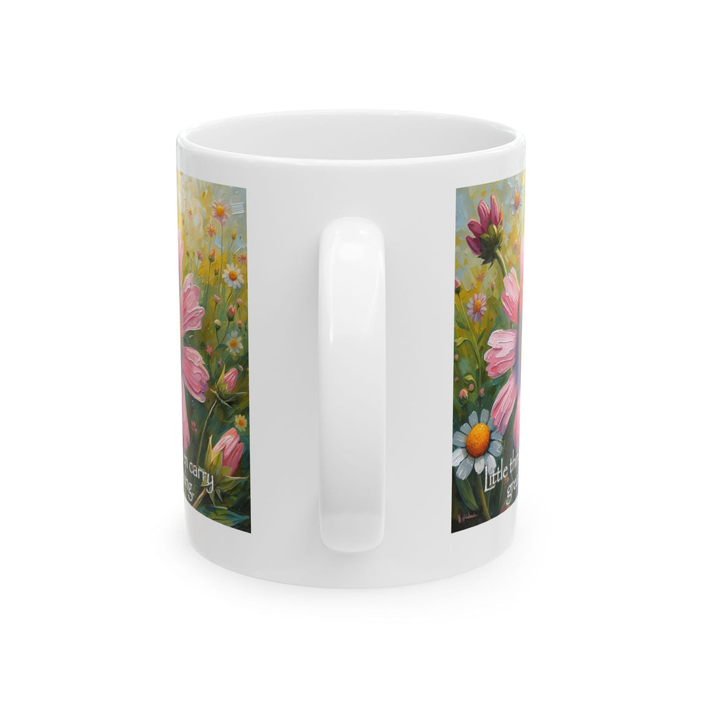 White mug with floral design background with uplifting quote - Little Things Often Carry Great Meaning - Side View