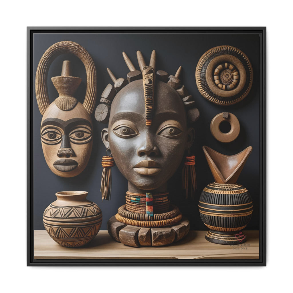 Framed artwork featuring African decorative elements and vases on a dark background by Relatable Designs.