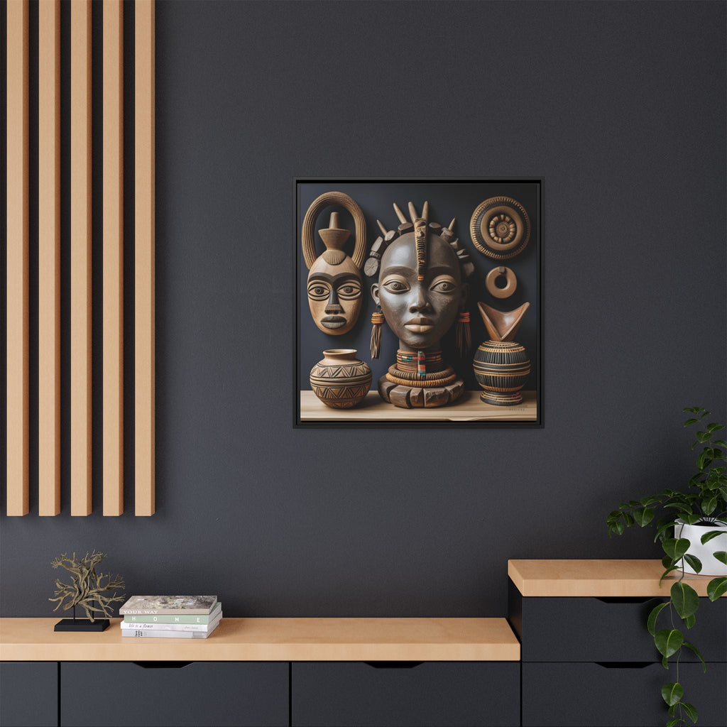 Framed artwork of African decorative items and geometric shapes on a dark wall with wooden shelves.
