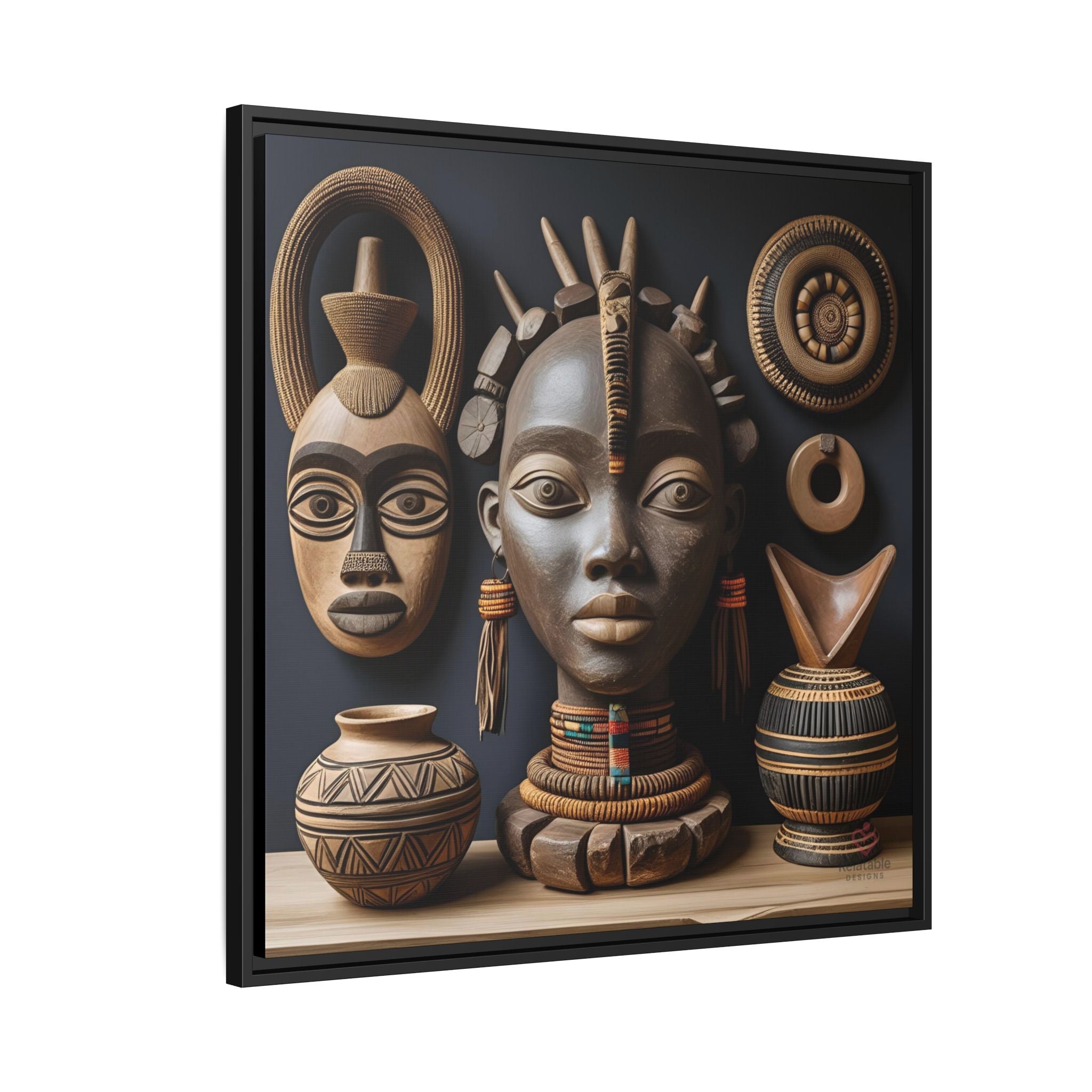 Framed artwork of African masks and vases on a dark background. Side View.