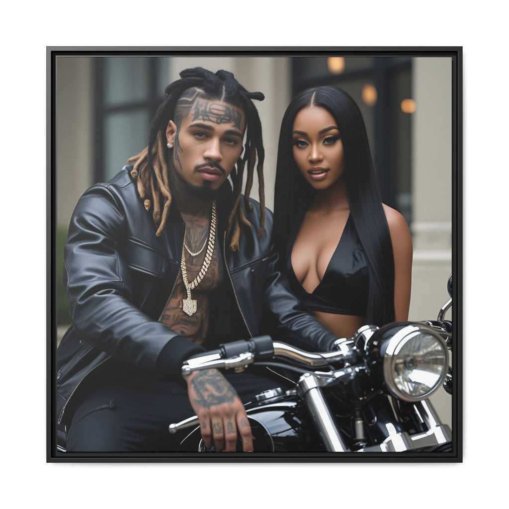 Hip hop artist with dreads sitting on motorcycle beside model posing for camera -bold urban wall art by Relatable Designs. 