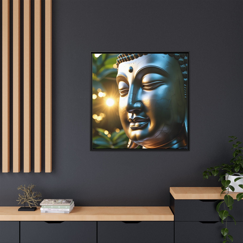 Inspirational framed artwork of a Buddha's face on a dark wall with decorative elements.