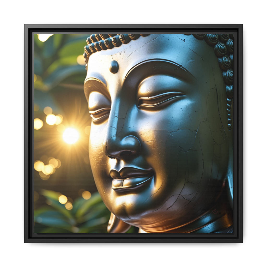 Framed artwork of a Buddha head with blurred lights in the background by Relatable Designs.