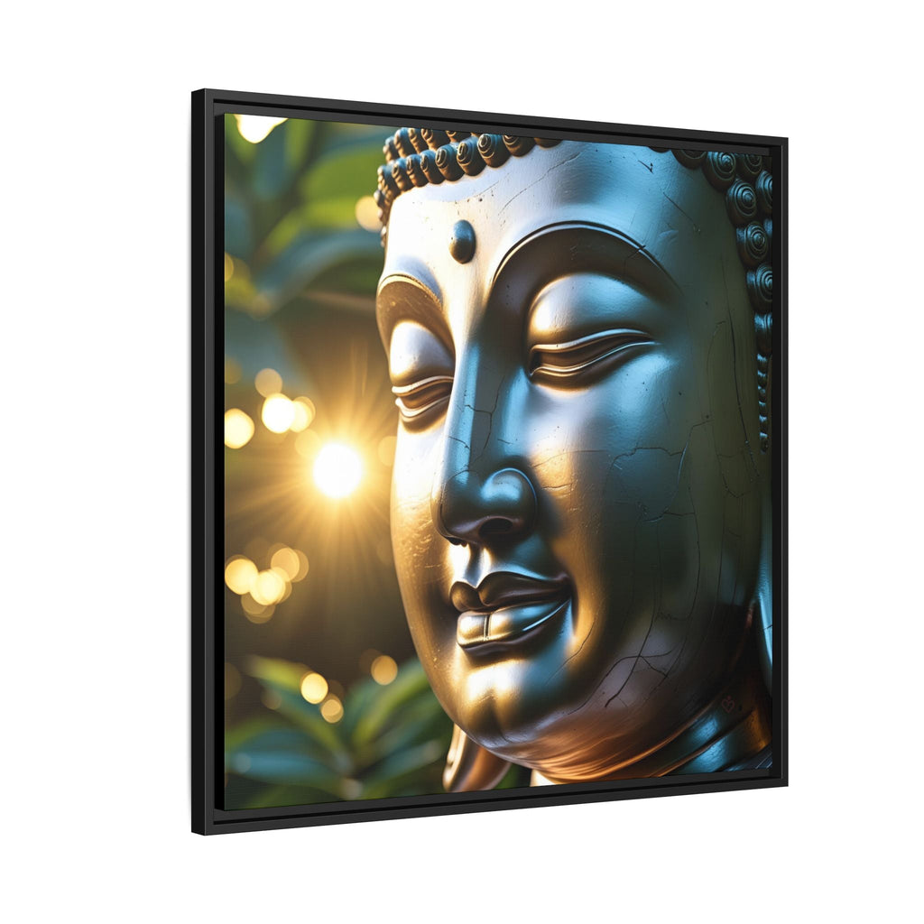 Serenity artwork of a Buddha head with a blurred natural background.