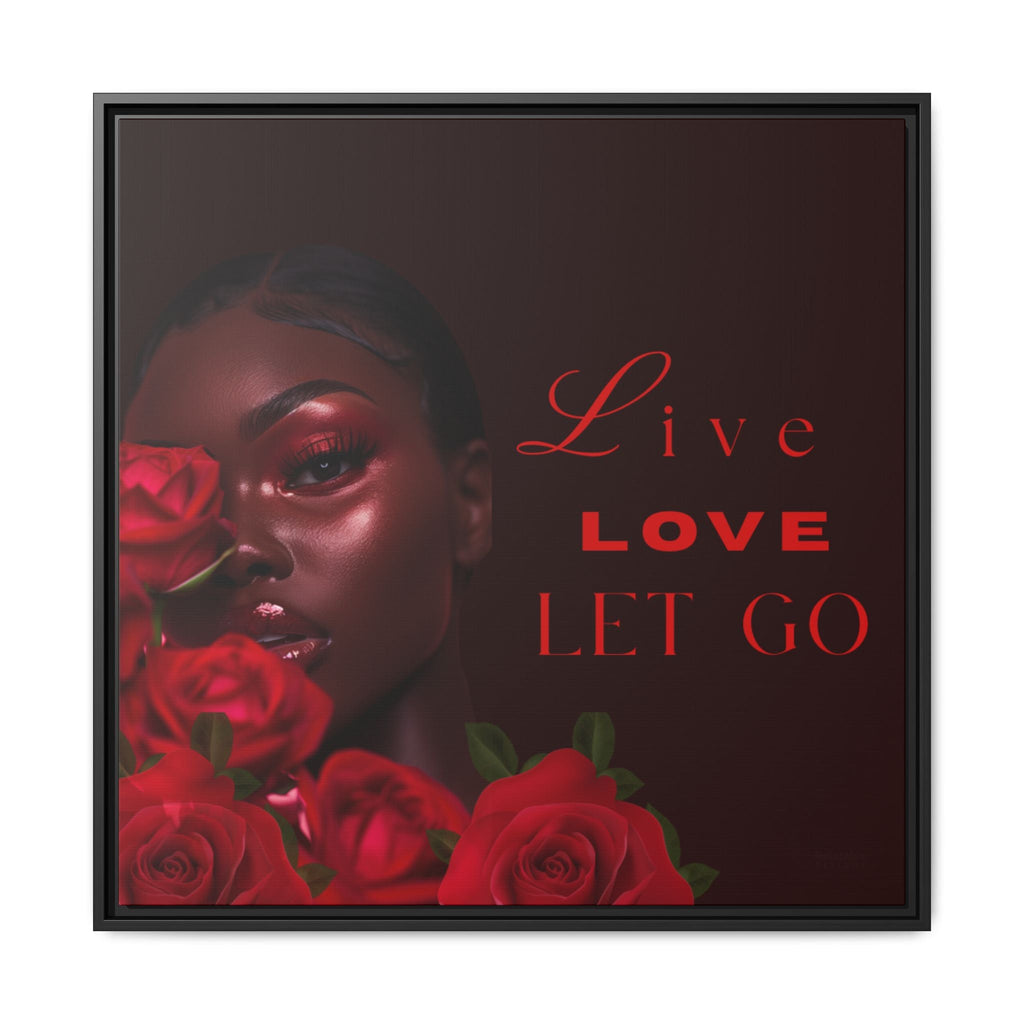 Framed chic artwork with a woman's face, red roses, and 'Live Love Let Go' text on a dark background by Relatable Designs.