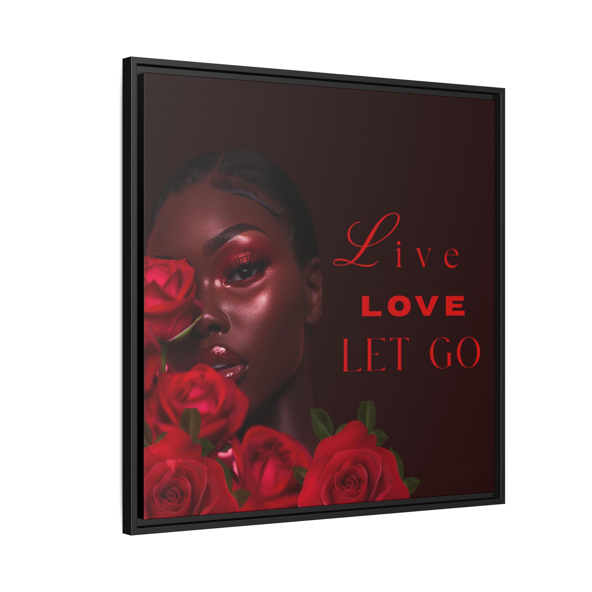 Framed African American wall decor  with a woman's face, red roses, and 'Live Love Let Go' text on a dark background.