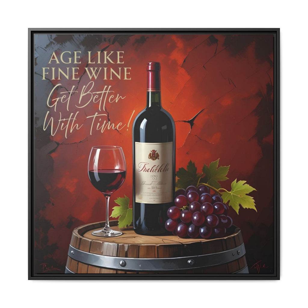 Framed rustic artwork of a wine bottle, glass, and grapes sitting on barrel with text on a red background by Relatable Designs.