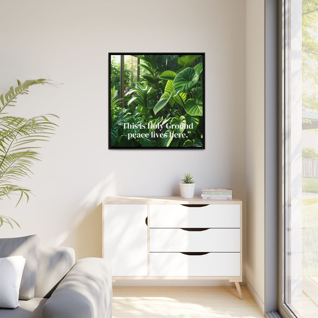 Framed artwork with nature-themed quote on a wall in a modern living room.