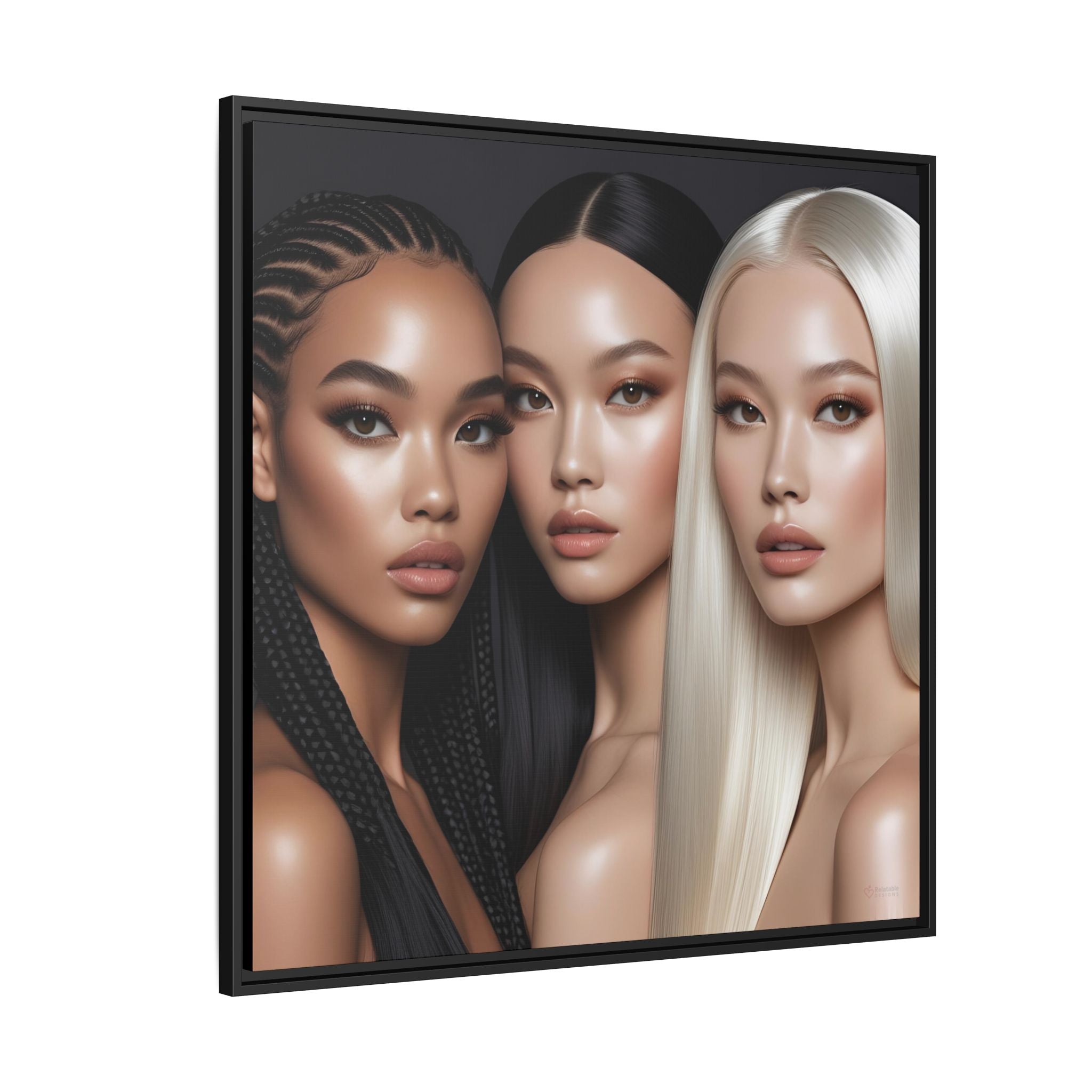 Three diverse beautiful women modeling with different hairstyles in a framed portrait.