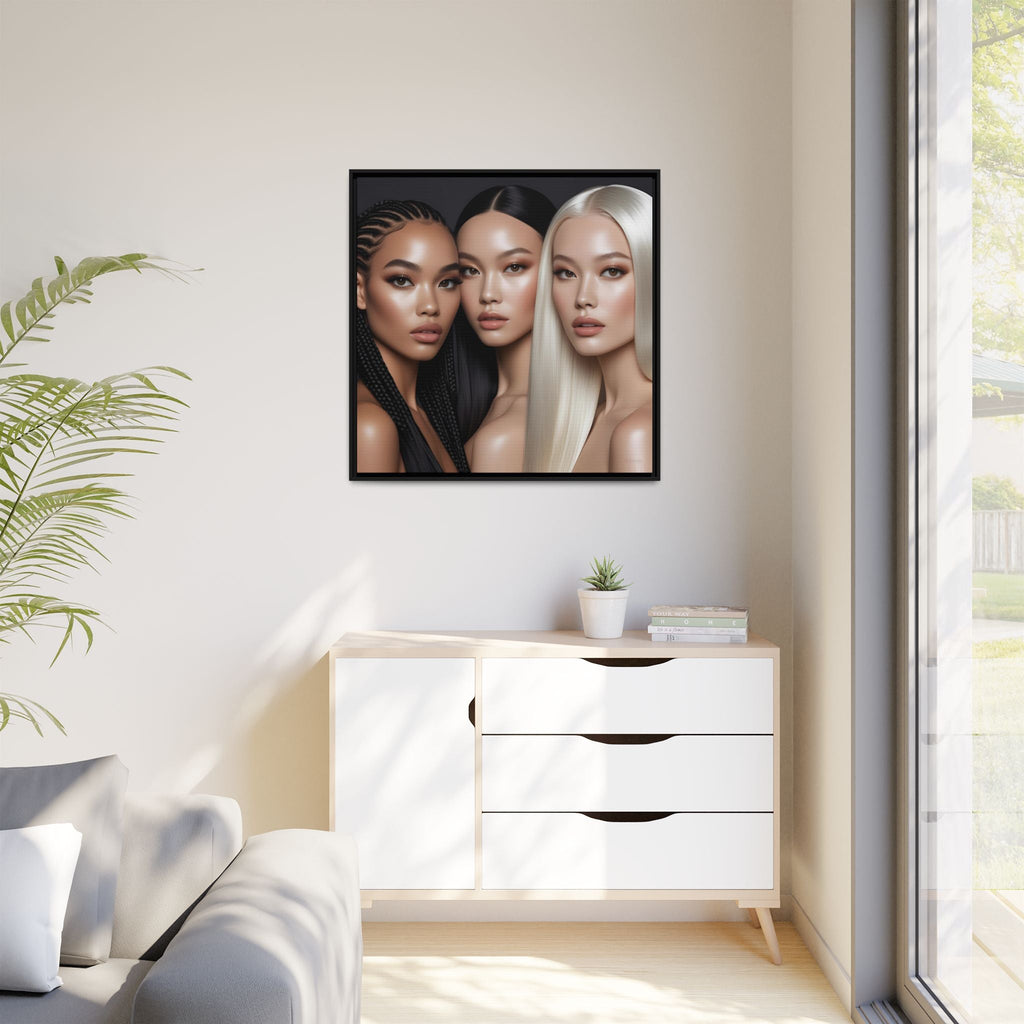Framed artwork of three diverse women on a wall above a white cabinet with a plant and books.