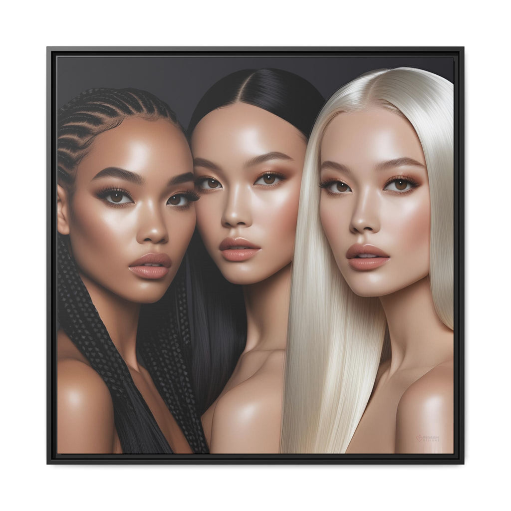 Three female models posing with different hairstyles framed together by Relatable Designs.