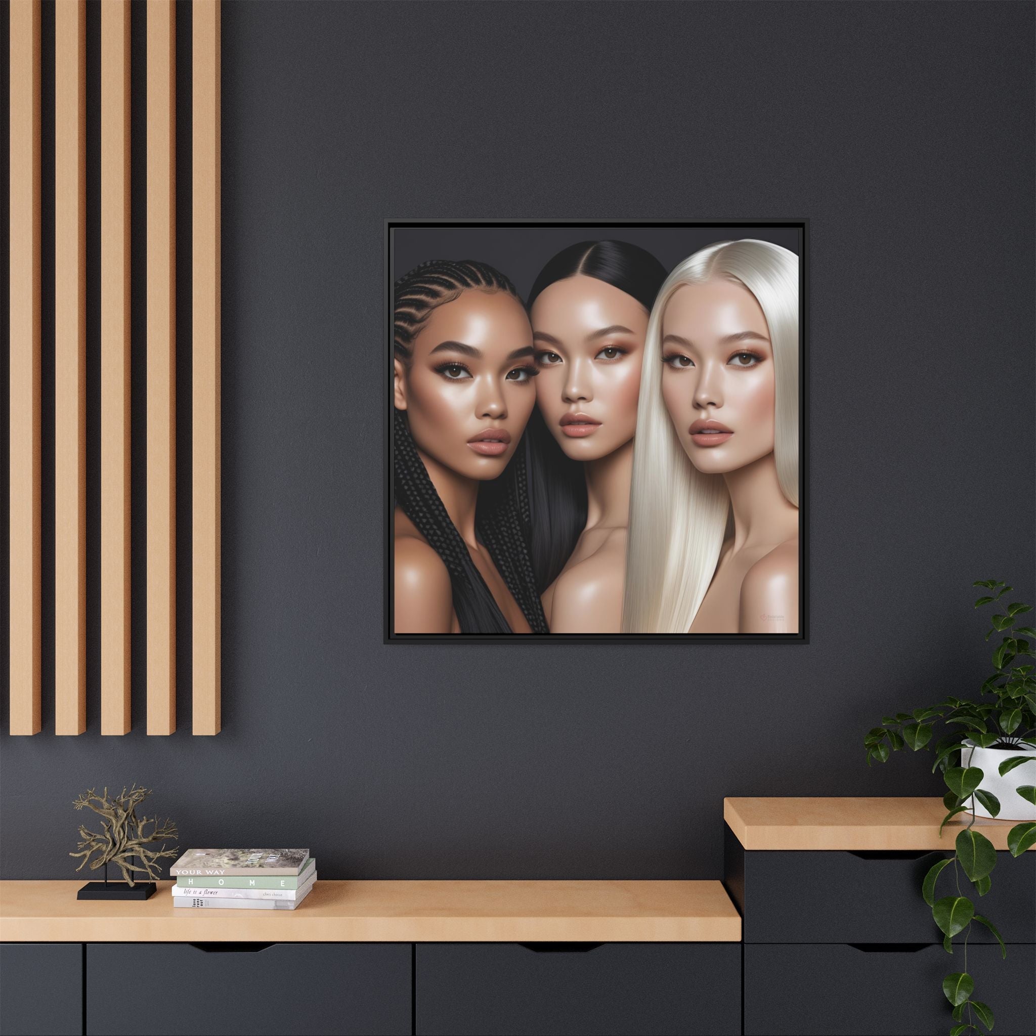Fashion framed artwork of three women with different hairstyles on a dark wall.