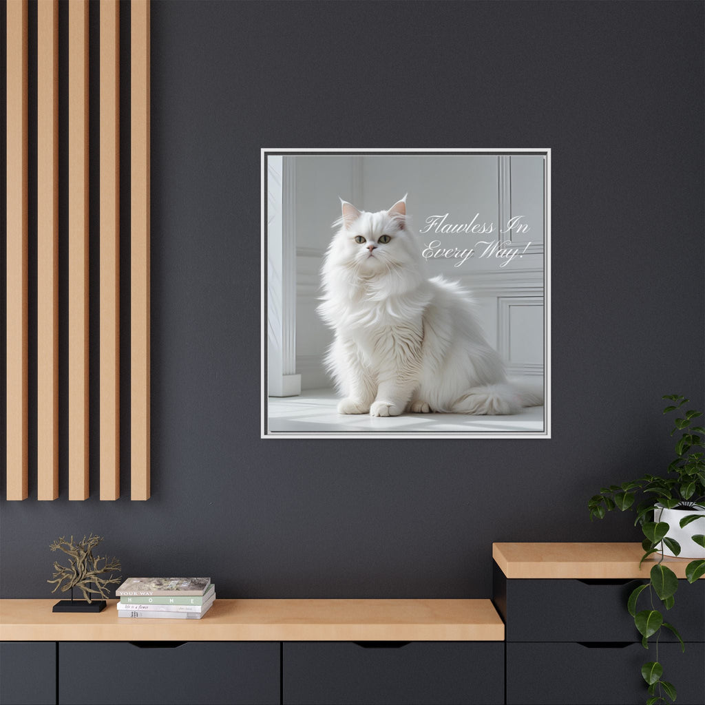 Framed picture of a white cat with text on a dark wall with wooden shelves below.