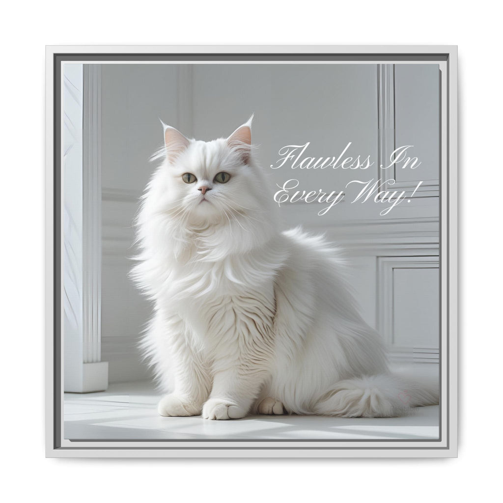 White cat posing in white room with text 'Flawless In Every Way!' in a decorative frame by Relatable Designs.