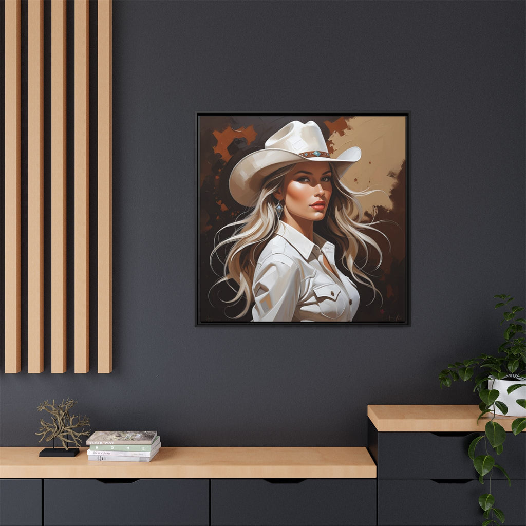 Framed western theme artwork of Texas cowgirl wearing a cowboy hat on a dark wall.