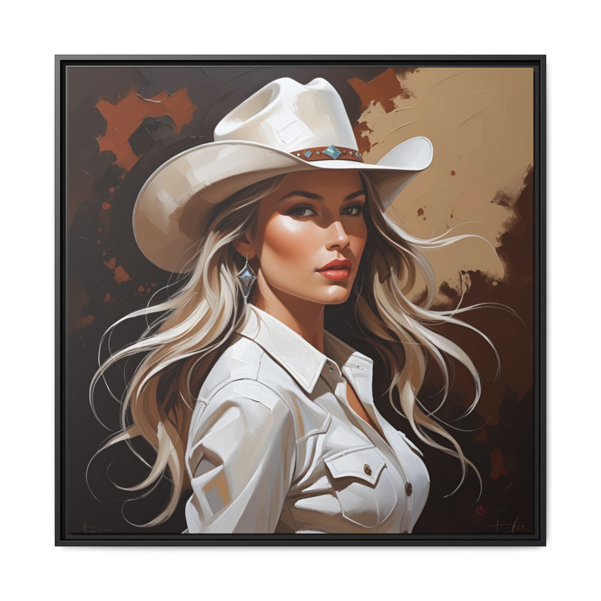 Framed artwork of a woman wearing a white cowboy hat and shirt against a brown background by Relatable Designs.