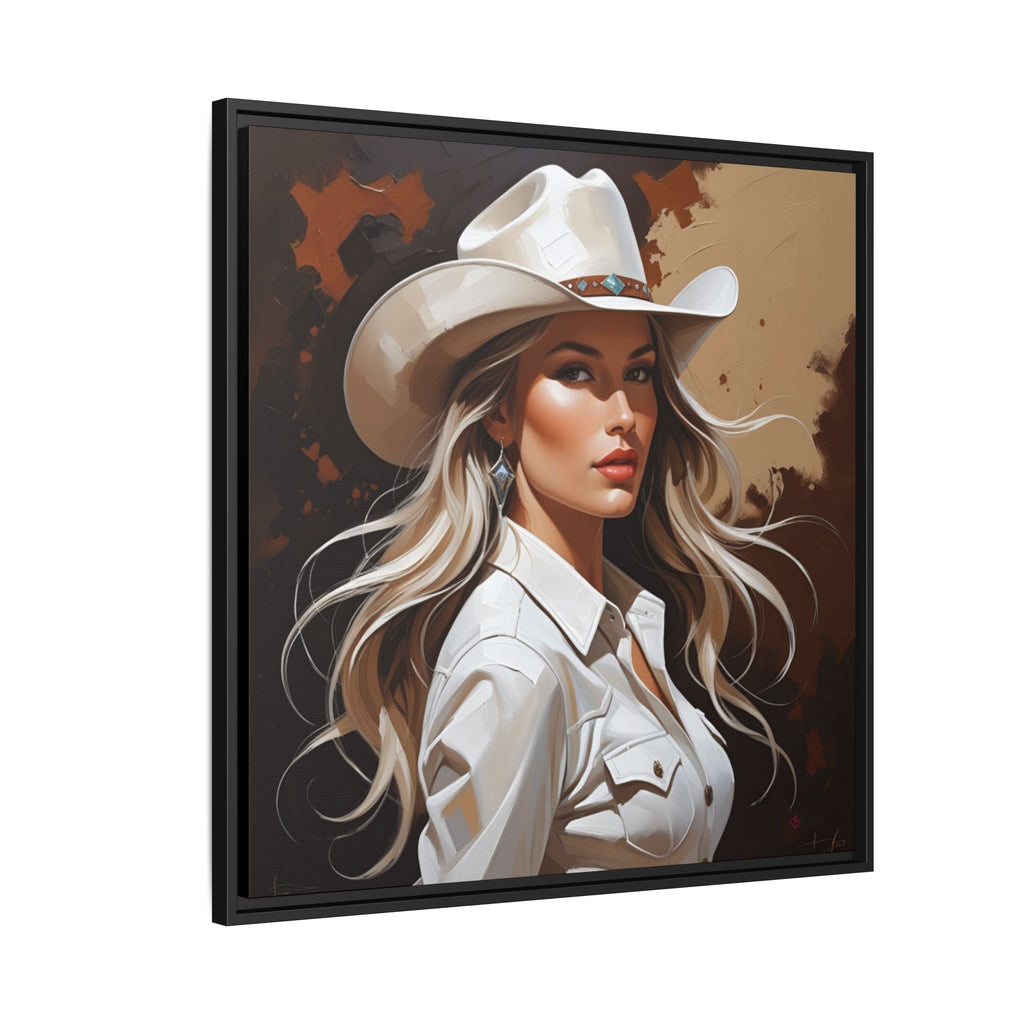 Western theme artwork of a cowgirl wearing a cowboy hat on a brown background.