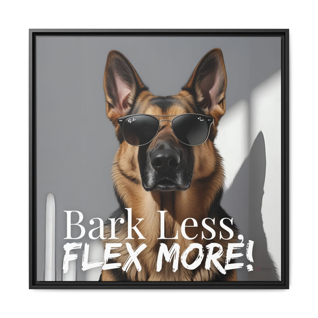 Framed artwork of dog wearing sunglasses with text 'Bark Less, Flex More!' on gray background by Relatable Designs. 