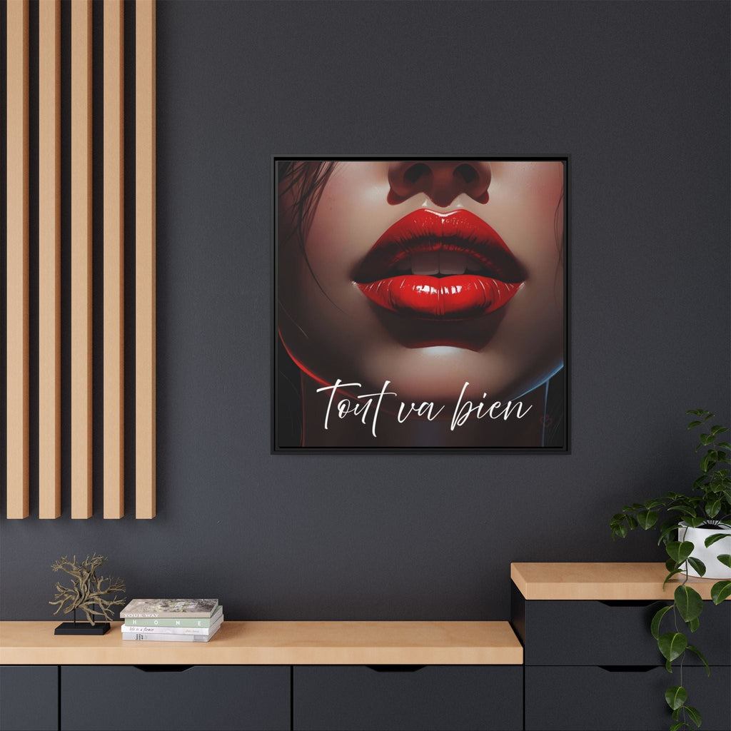 Alluring framed artwork of a person with red lipstick on a dark wall.
