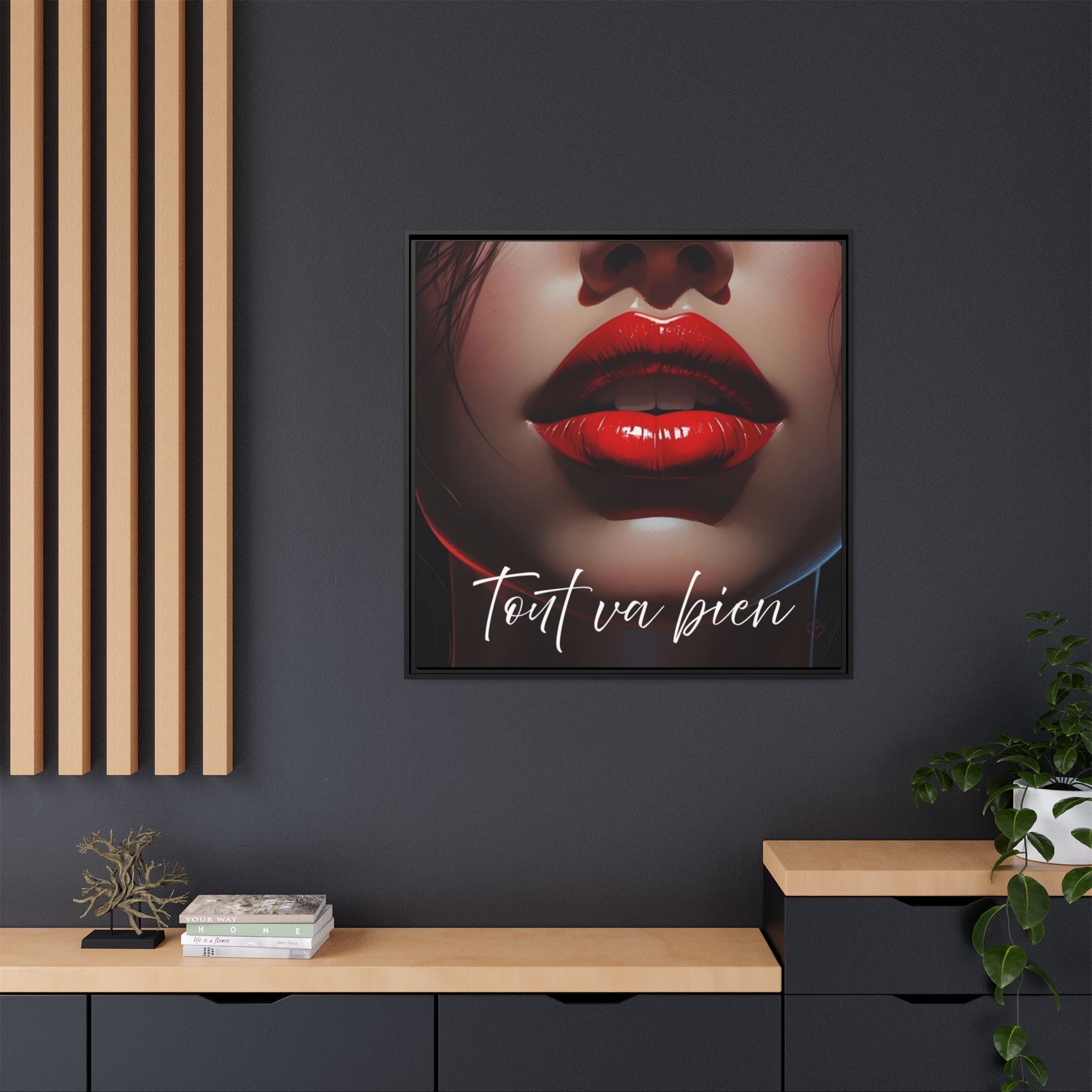 Alluring framed artwork of a person with red lipstick on a dark wall.