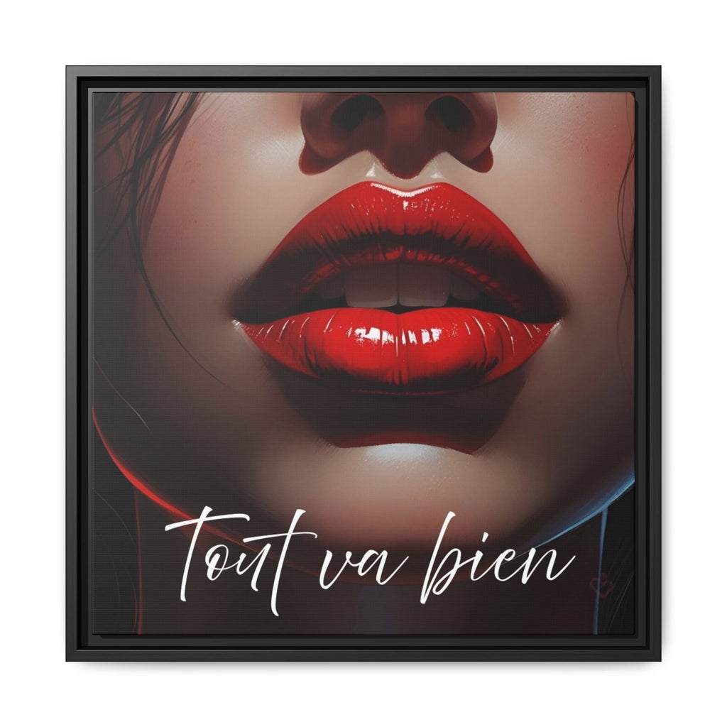 Framed chic artwork of close-up of red lips with french text 'Tout va bien' on a dark background by Relatable Designs.