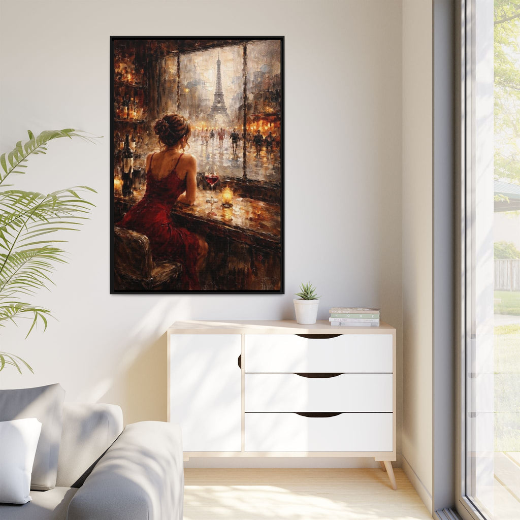 Framed painting of a woman in a red dress by a window with the Eiffel Tower, displayed in a modern living room.