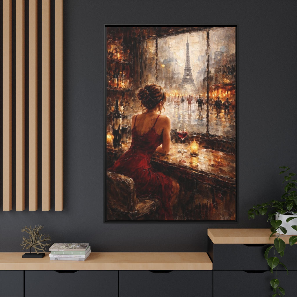 Abstract impressionist painting of a woman in an evening dress sitting alone at a Paris bar with glass of wine gazing out of a window toward the Eiffel Tower