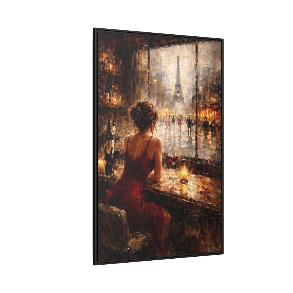 Painting of a woman in a red dress looking out of the window at Eiffel Tower, watching others walk by in Paris.