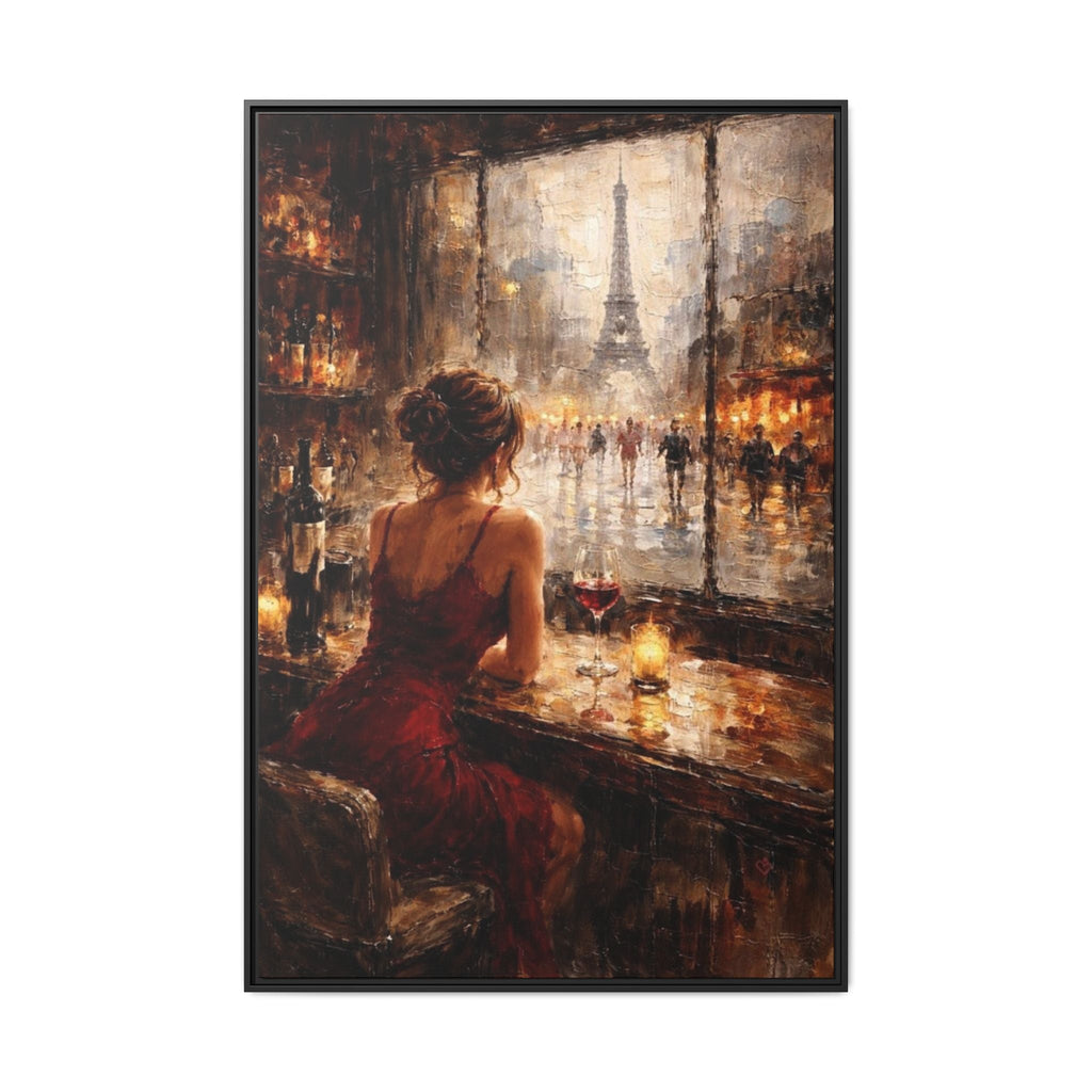 Framed Matte Canvas Art – Woman in Red dress looking out the window at Eiffel Tower (Impressionist Cityscape) by Relatable Designs