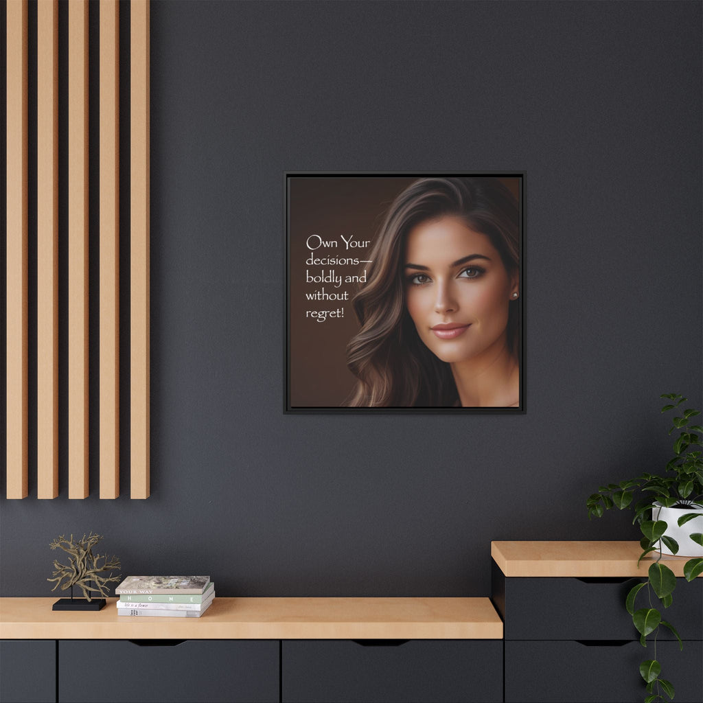 Framed canvas portrait of a woman on a dark wall with motivational quote, below wooden shelves.