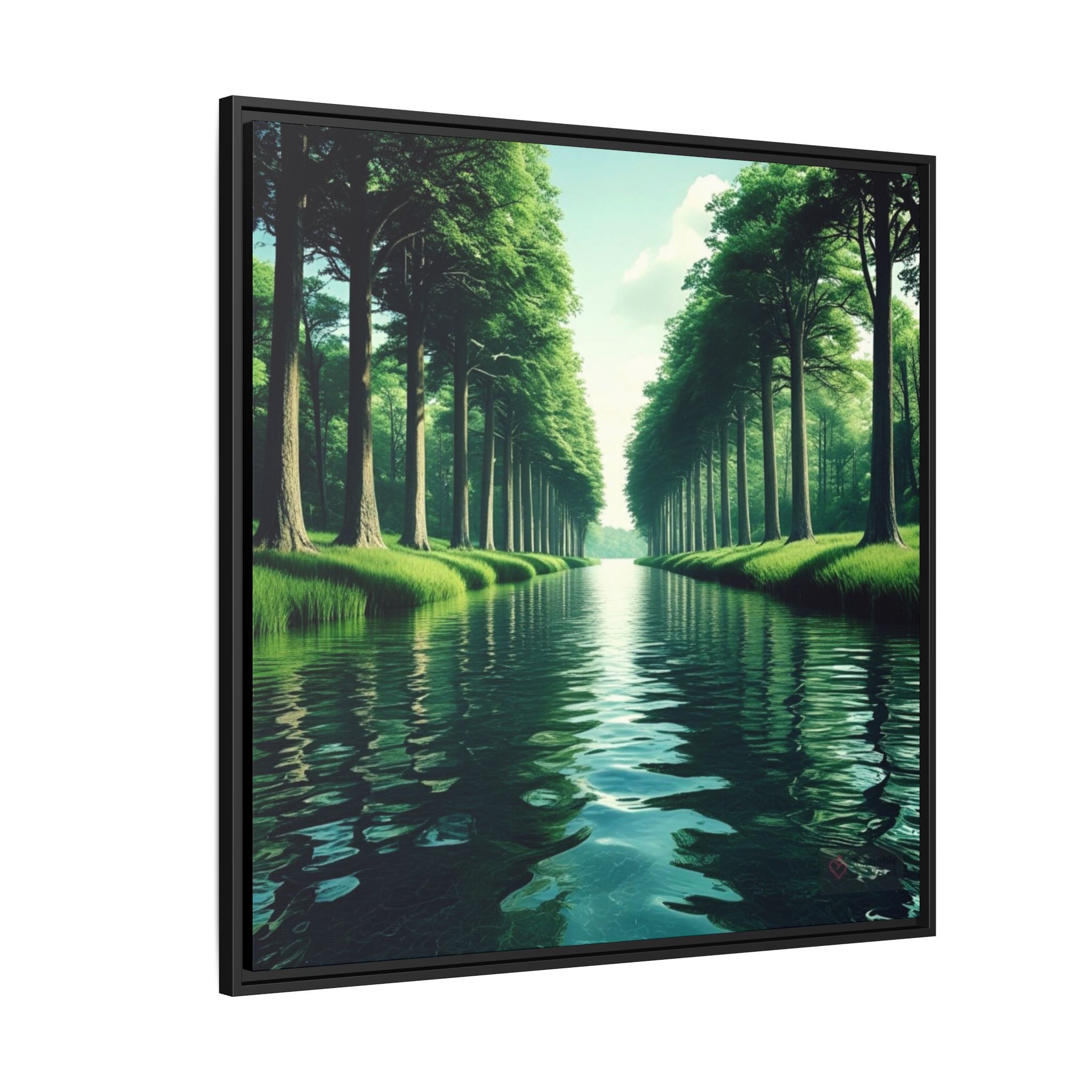 Framed serene artwork of a tranquil river and forest scene with a path reflected in water.
