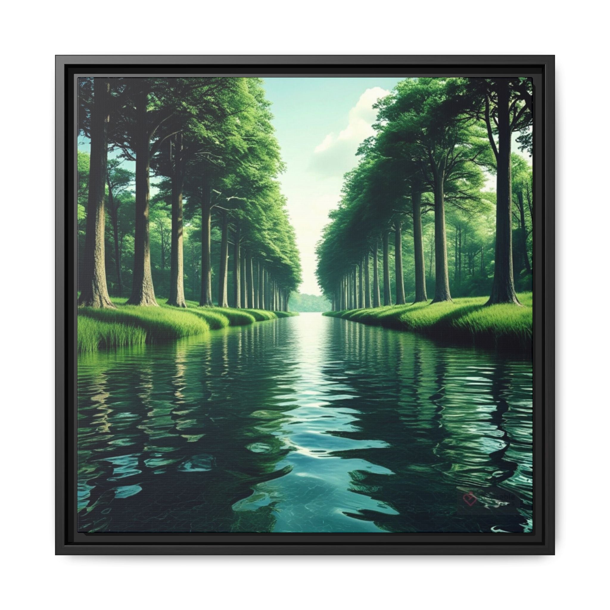 Framed artwork of a serene forest scene with trees lining a calm water path by Relatable Designs.