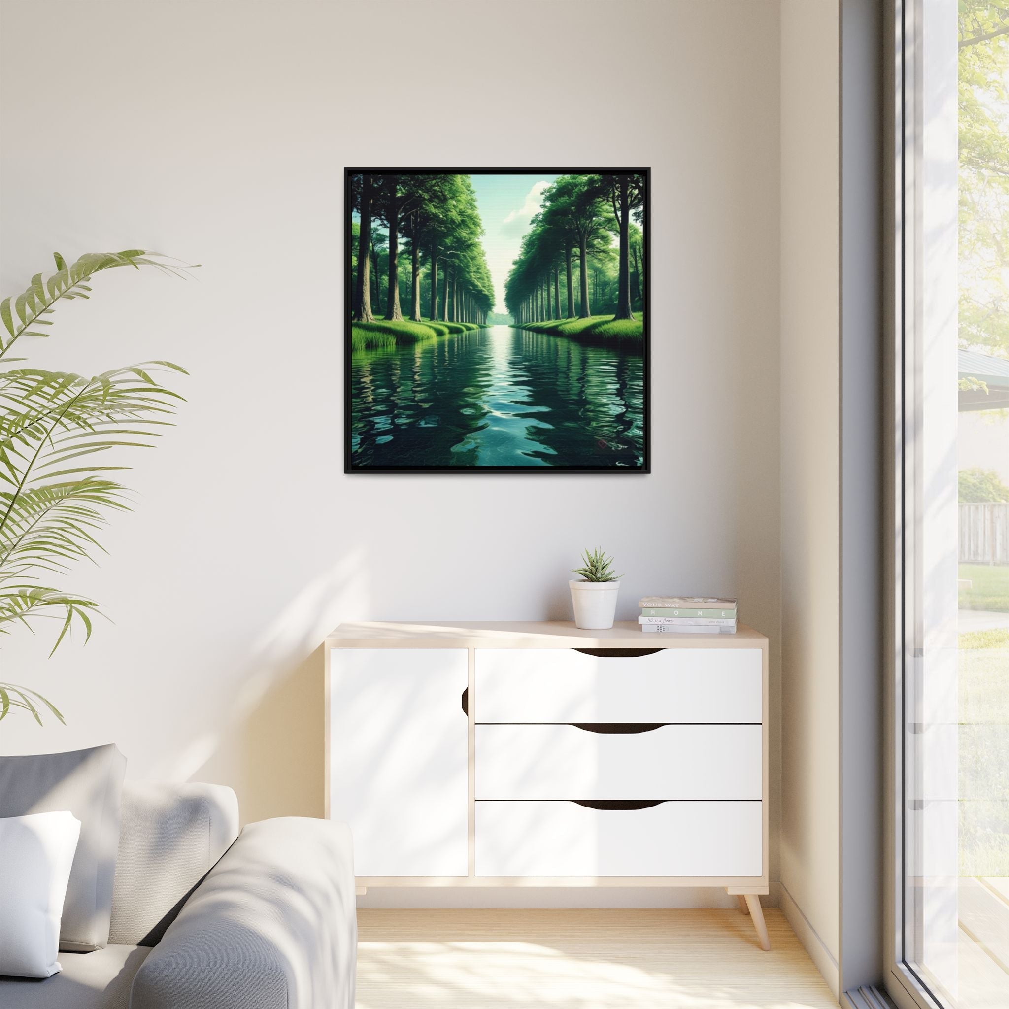 Framed artwork of a river and forest scene on a wall above a white dresser.