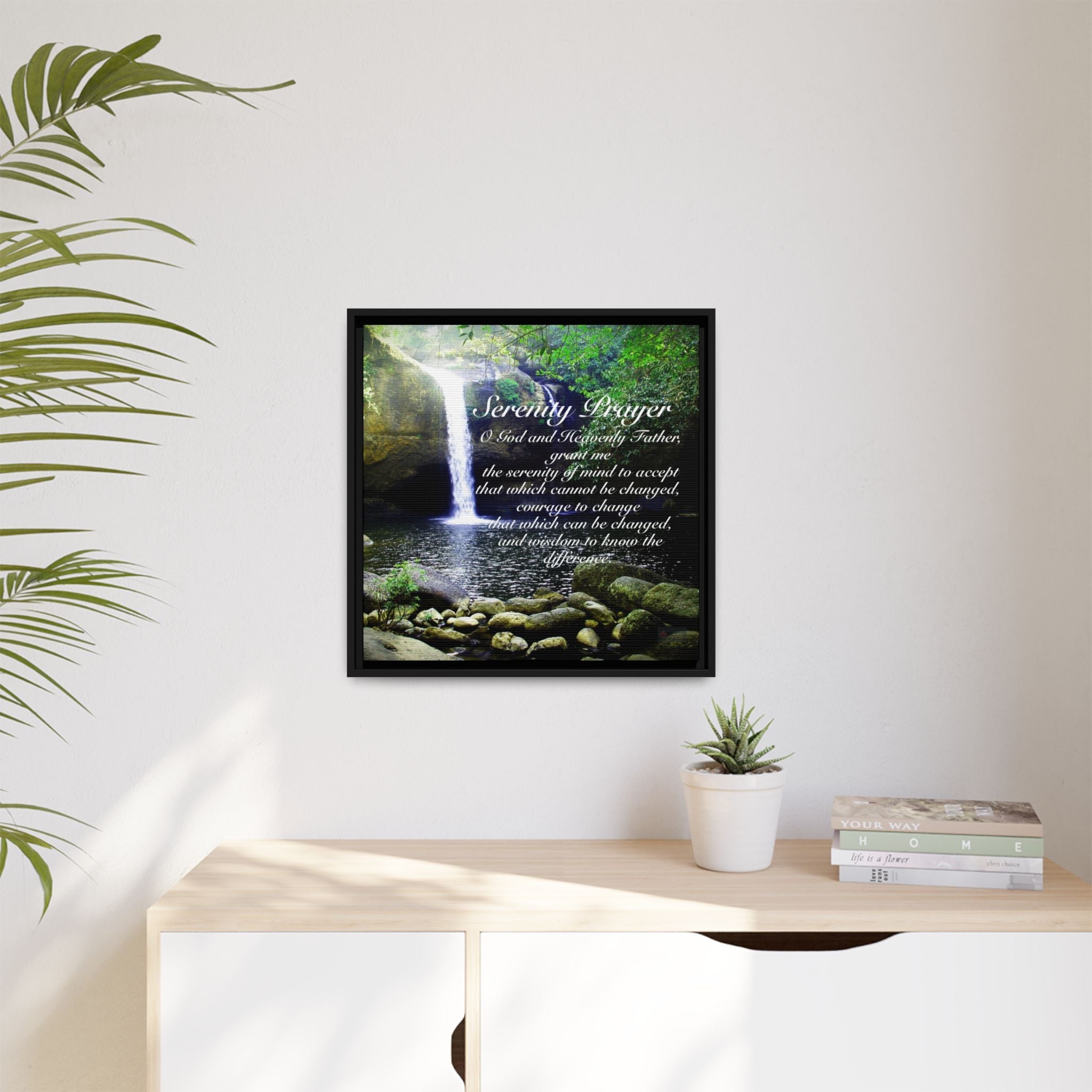 Inspirational Framed print of a nature scene with Serenity Prayer quote on a wall above a desk.