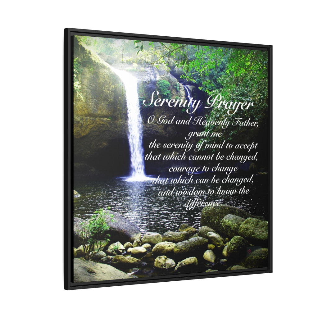 Framed canvas with a waterfall and inspirational Serenity Prayer text on a white background - Side View