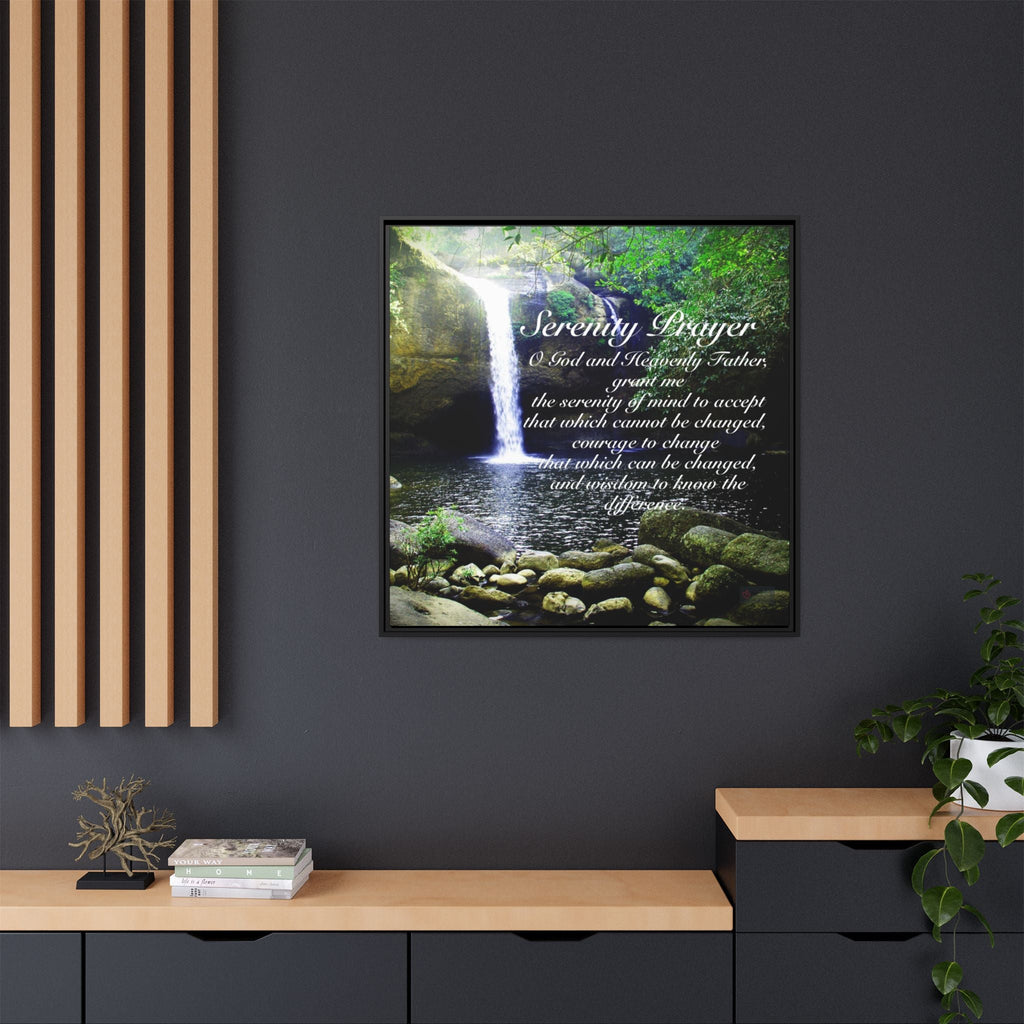 Framed spiritual Serenity Prayer quote with nature scene of water fall on a dark wall.