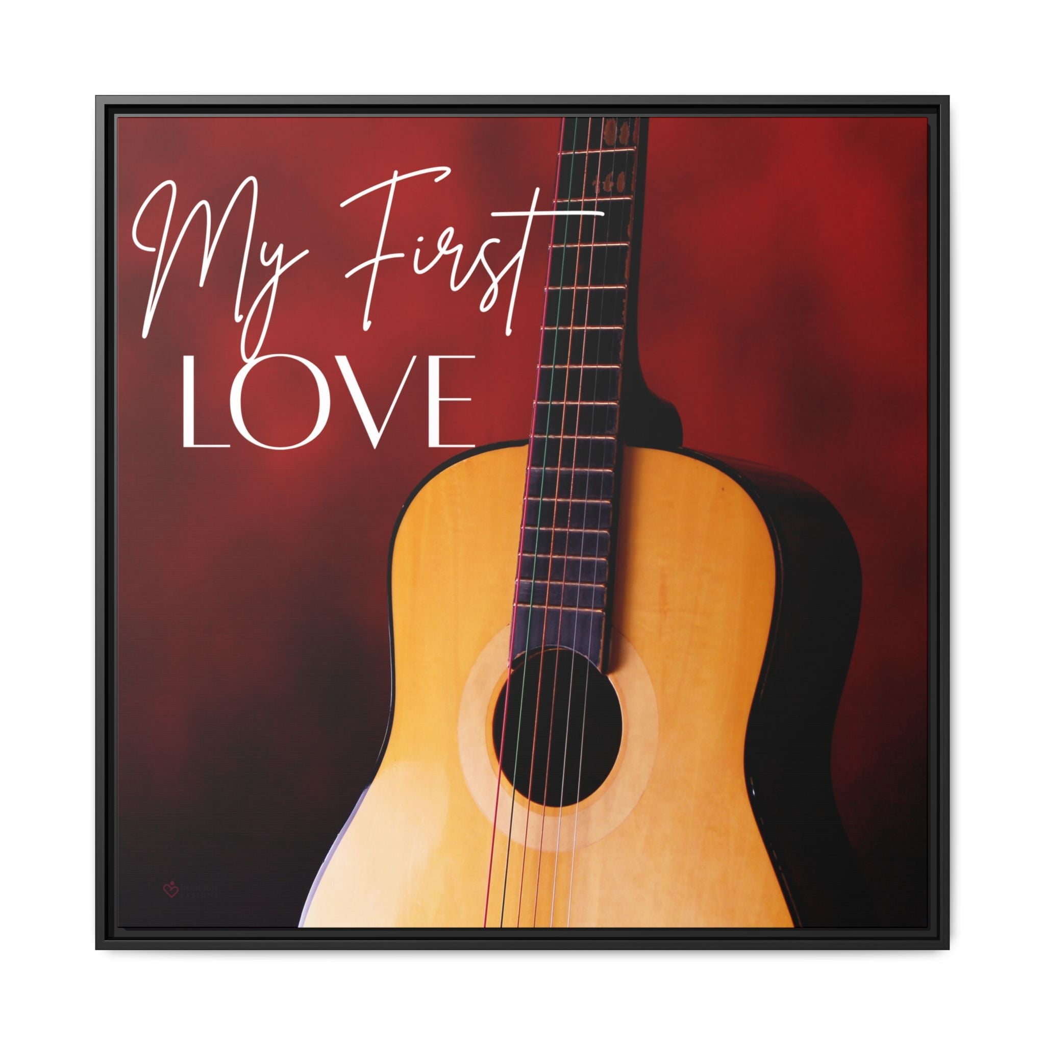 Acoustic guitar with 'My First Love' text on a red background by Relatable Designs.