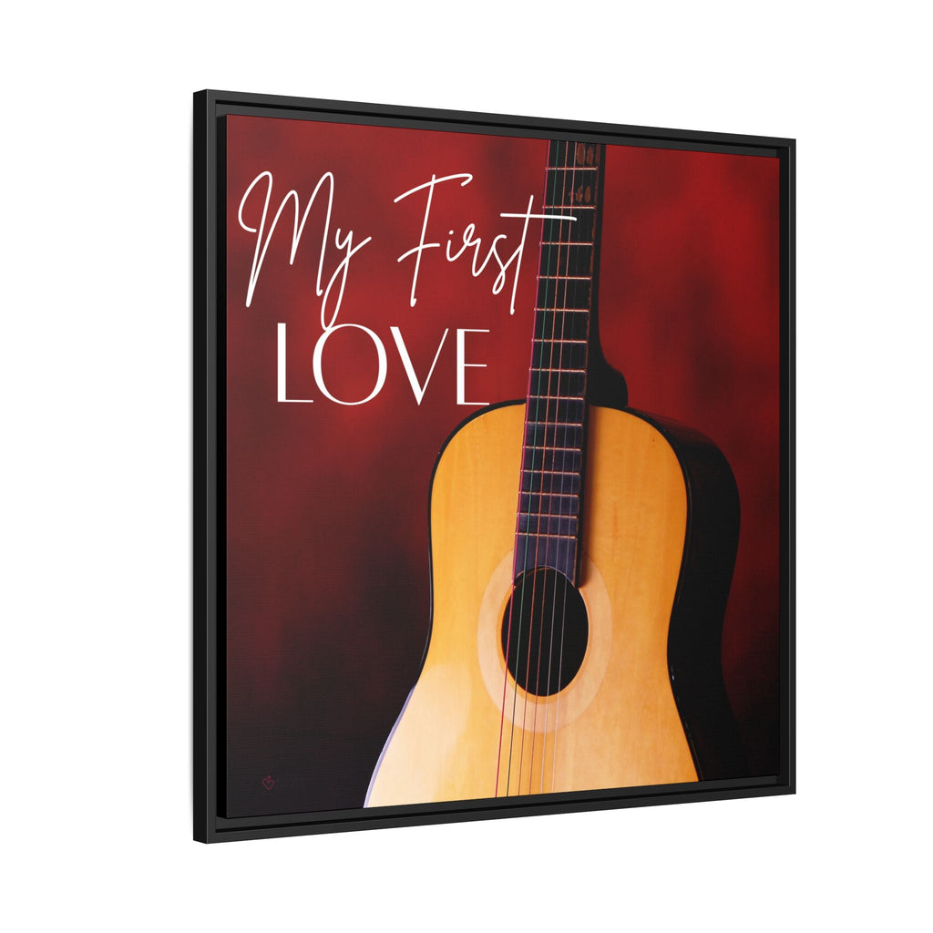 Framed artwork of a guitar with 'My First Love' text on a red background