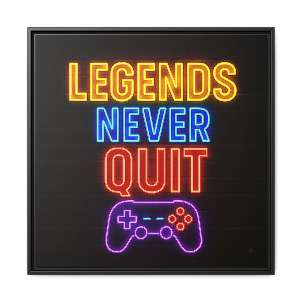 Neon-style sign with 'Legends Never Quit' and a gaming controller on a black background by Relatable Designs.