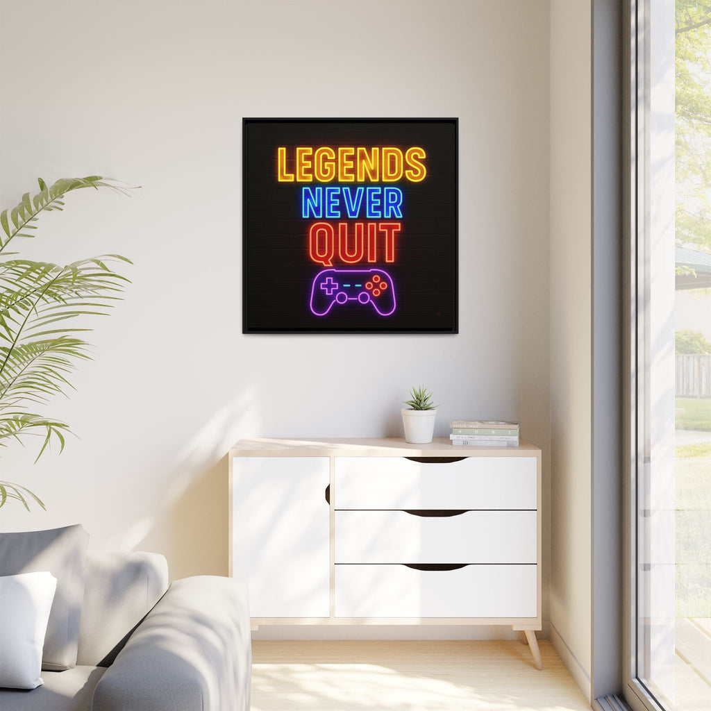 Neon-style gamer wall art with 'Legends Never Quit' on a wall in a modern living room.
