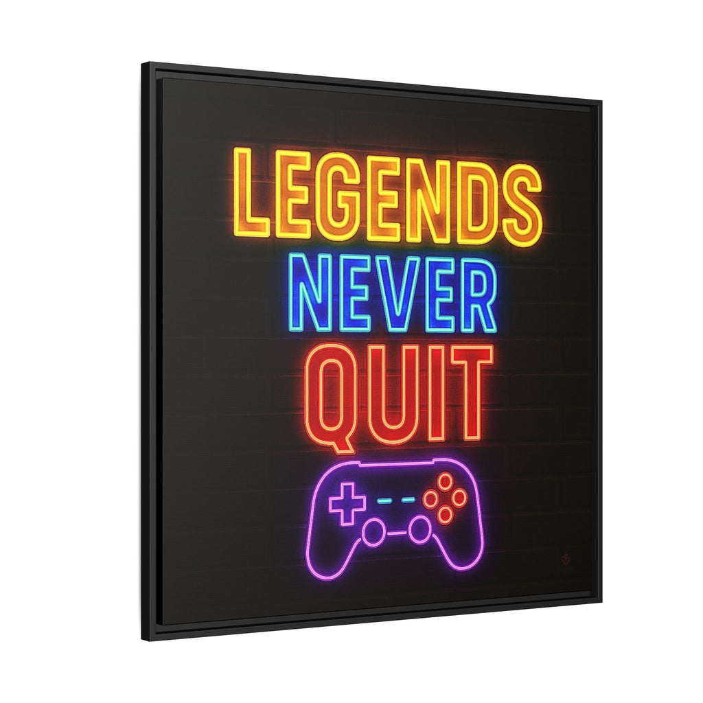 Motivational Neon sign with 'Legends Never Quit' and a gaming controller on a black background.