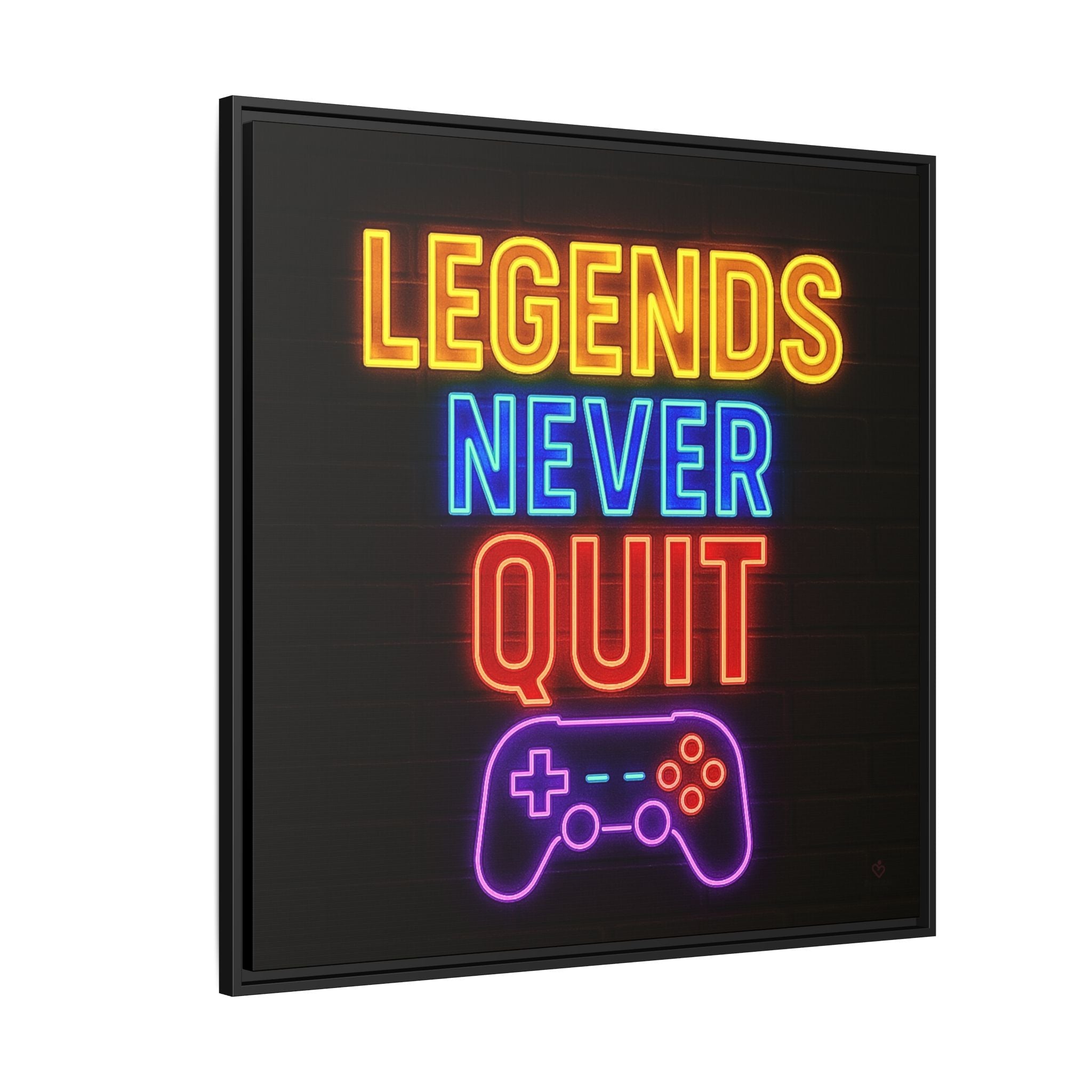 Motivational Neon sign with 'Legends Never Quit' and a gaming controller on a black background.