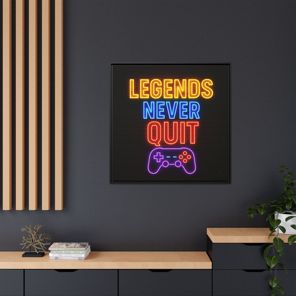 Motivational neon-style framed artwork with 'Legends Never Quit' and a gaming controller on a dark wall.