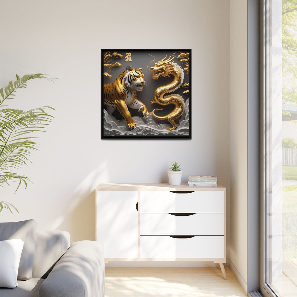Framed Wall Art, Tiger and Dragon Canvas on a wall above a white cabinet with a plant and books.