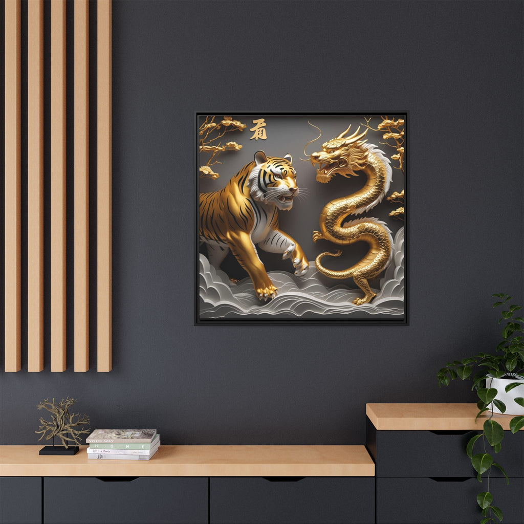 Tiger and Dragon Canvas, Asian Art Print by Relatable Designs on dark wall with decor elements.
