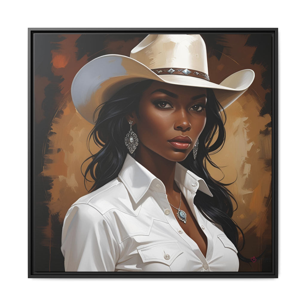 Western artwork of a woman wearing a cowboy hat and white shirt against a brown background by Relatable Designs.