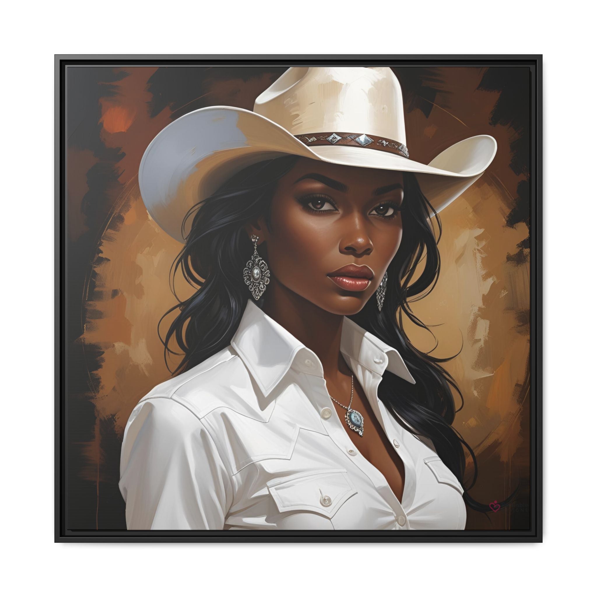 Western artwork of a woman wearing a cowboy hat and white shirt against a brown background by Relatable Designs.
